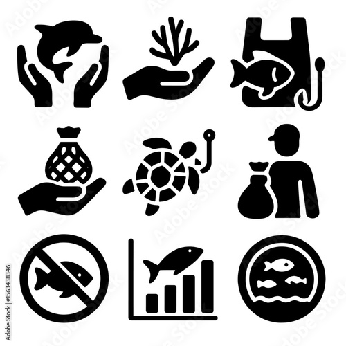 Ocean Conservation Icons. Solid vector icons of ocean conservation: sea life rescue icon, coral protection hand, marine pollution