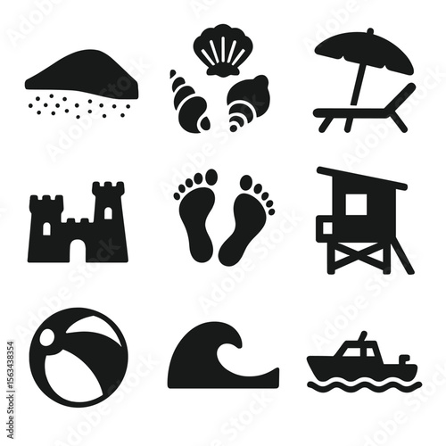 Beach Icons Collection. Solid vector icons of beach and coastal life: sandy beach icon, seashell collection, beach umbrella with
