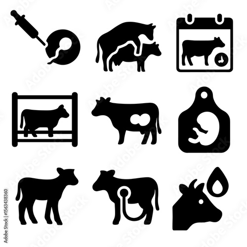 Breeding and Reproduction Icons. Solid vector icons of breeding and reproduction: artificial insemination icon, mating pair,