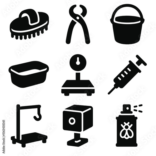 Animal Care Equipment Icons. Solid vector icons of animal care equipment: animal brush icon, hoof trimming tool, feed bucket,
