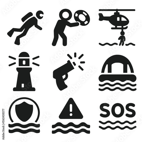 Marine Rescue Icons. Solid vector icons of marine rescue operations: rescue diver icon, lifebuoy throw, sea helicopter rescue,