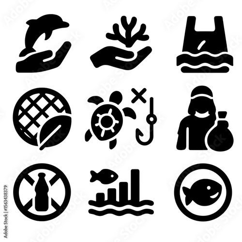 Ocean Conservation Icons. Solid vector icons of ocean conservation: sea life rescue icon, coral protection hand, marine pollution