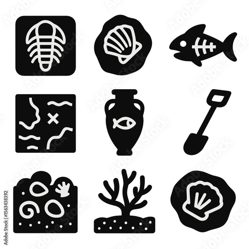 Marine Fossil Icons. Solid vector icons of marine fossil and history: trilobite fossil icon, sea shell fossil, prehistoric fish