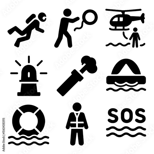 Marine Rescue Icons. Solid vector icons of marine rescue operations: rescue diver icon, lifebuoy throw, sea helicopter rescue,
