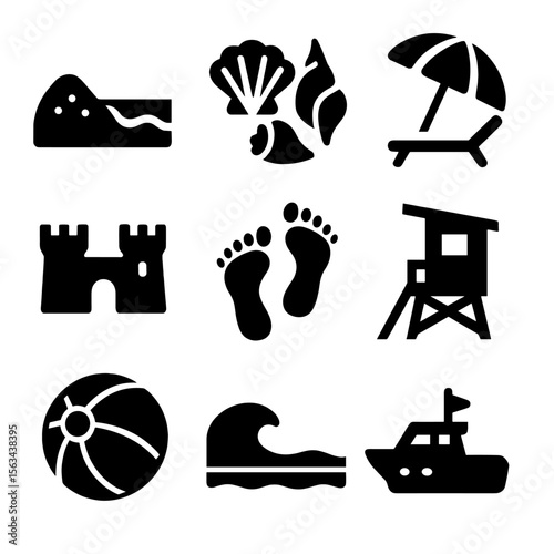 Beach Icons Collection. Solid vector icons of beach and coastal life: sandy beach icon, seashell collection, beach umbrella with