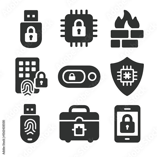 Hardware Security Icons. Solid vector icons of hardware security: USB with lock, secure chip icon, hardware firewall icon,