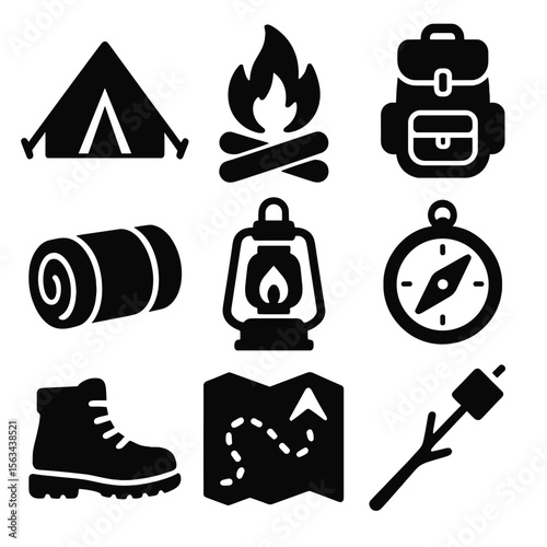 Camping Essentials Icons. Solid vector icons of camping essentials: tent icon, campfire with logs, backpack silhouette, sleeping