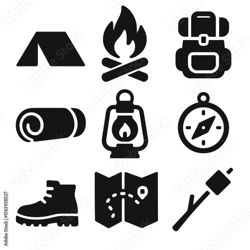 Camping Essentials Icons. Solid vector icons of camping essentials: tent icon, campfire with logs, backpack silhouette, sleeping