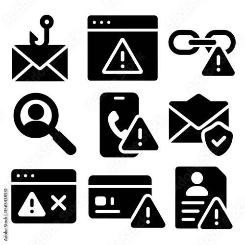 Fraud Prevention Icons. Solid vector icons of phishing and fraud prevention: phishing email icon, fake website warning, suspicious