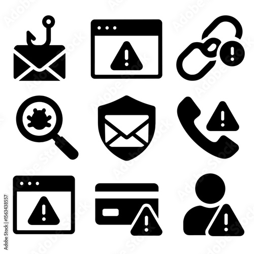 Fraud Prevention Icons. Solid vector icons of phishing and fraud prevention: phishing email icon, fake website warning, suspicious