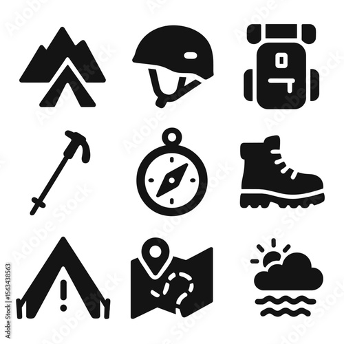 Adventure Camping Icons. Solid vector icons of adventure camping: mountain tent icon, rock climbing helmet, survival gear pack,