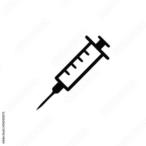 A Simple Syringe Icon Against White Backdrop for Medical Healthcare and Vaccine Related Topics and Presentations with Emphasis on Sharp Needle
