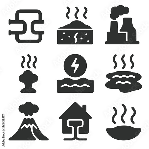 Geothermal Energy Icons. Solid vector icons of geothermal energy: geothermal pipe system, underground heat icon, geothermal plant