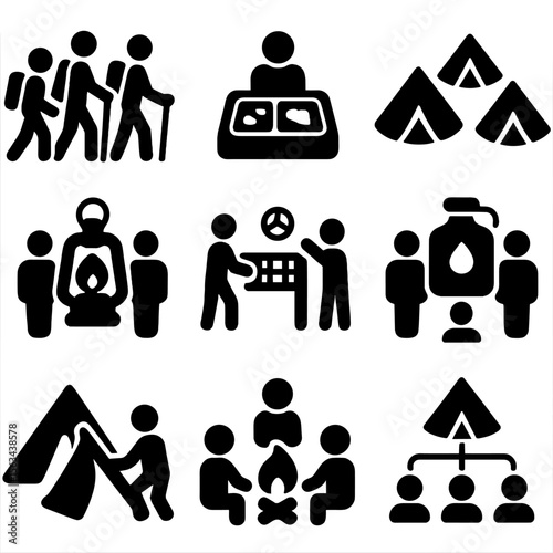 Group Camping Icons. Solid vector icons of group camping: group hike icon, shared meal tray, multiple tents circle, group lantern