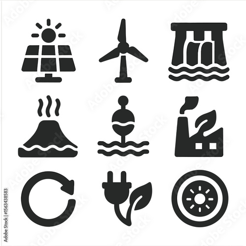 Sustainable Energy Icons. Solid vector icons of sustainable energy sources: solar panel icon, wind turbine icon, hydro power dam,