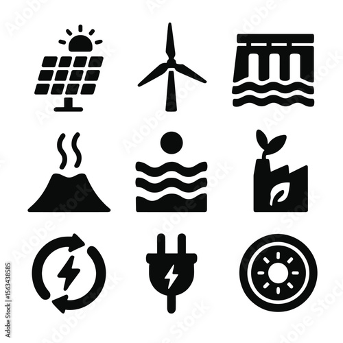 Sustainable Energy Icons. Solid vector icons of sustainable energy sources: solar panel icon, wind turbine icon, hydro power dam,