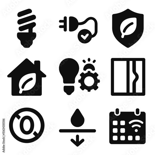 Energy Conservation Icons. Solid vector icons of energy conservation: power-saving bulb, unplugged device icon, energy efficiency