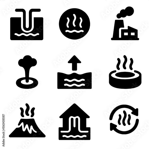 Geothermal Energy Icons. Solid vector icons of geothermal energy: geothermal pipe system, underground heat icon, geothermal plant