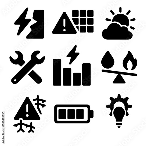 Icons of Energy Challenges. Solid vector icons of challenges and solutions: energy barrier icon, grid instability alert,