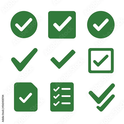 Task Completion Icons. Solid vector icons of task completion: round checkbox with check, square checkbox with check, checkmark