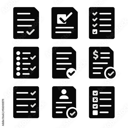 Paper Icon Set. Solid style icons of paper and form completion: survey sheet with tick, application with checkmark, checklist