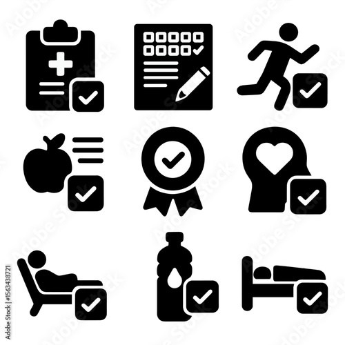 Health Task Icons. Solid vector icons of health and wellness tasks checked: medical checklist with tick, healthy habits tracker,