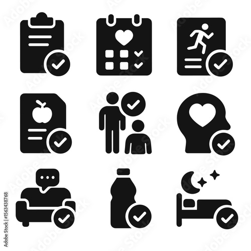 Health Task Icons. Solid vector icons of health and wellness tasks checked: medical checklist with tick, healthy habits tracker,
