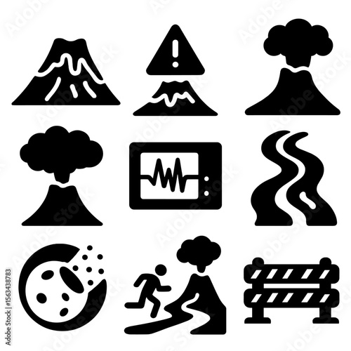 Volcano Disaster Icons. Solid vector icons of volcano and seismic disaster: mountain with lava flow, eruption alert symbol, ash