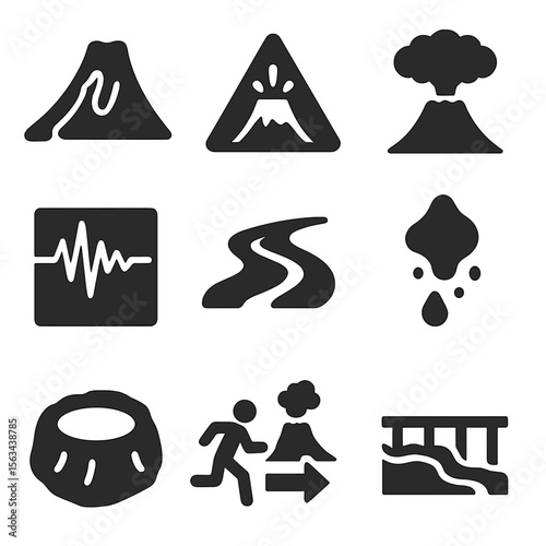 Volcano Disaster Icons. Solid vector icons of volcano and seismic disaster: mountain with lava flow, eruption alert symbol, ash