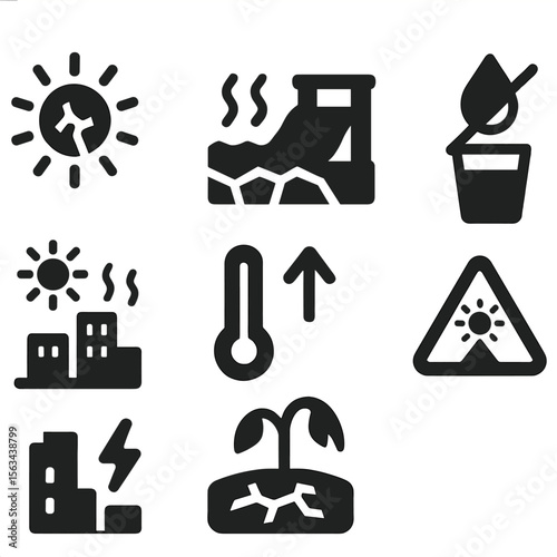 Heatwave Symbols. Solid vector icons of heatwaves and drought: sun with crack symbol, dry soil icon, empty reservoir, water ration