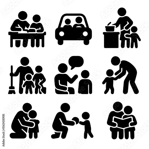 Parental Role Icons. Solid vector icons of parental roles in everyday life: helping with homework, driving to school, cooking for