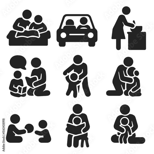 Parental Role Icons. Solid vector icons of parental roles in everyday life: helping with homework, driving to school, cooking for