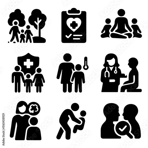 Family Health Icons. Solid vector icons of family health and wellness: family walking outdoors, wellness check icon, group yoga