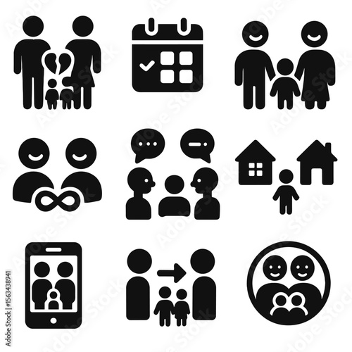 Co-Parenting Icon Set. Solid style icons of co-parenting: divorced parents with children icon, shared custody schedule, amicable