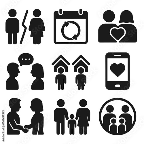Co-Parenting Icon Set. Solid style icons of co-parenting: divorced parents with children icon, shared custody schedule, amicable