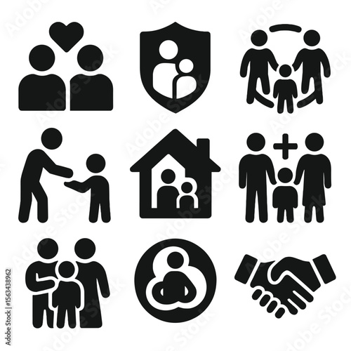 Family Values Icons. Solid style icons of family values: love and respect icon, honesty badge in family, unity circle, tradition
