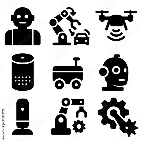 Robotics and Automation Icons. Solid vector icons of robotics and automation: humanoid robot icon, robotic arm movement,
