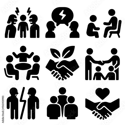 Conflict Resolution Icons. Solid vector icons of conflict and resolution: family in disagreement icon, argument bubble, therapist