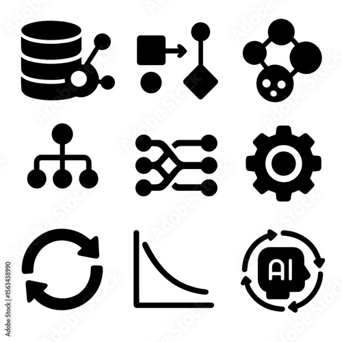 Machine Learning Icons. Solid style icons of machine learning technologies: training data icon, supervised learning flow,