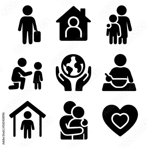 Child Care Icons. Solid vector icons of orphan and vulnerable child care: child with suitcase, home for orphans icon, caregiver