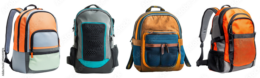 Fototapeta premium Set of stylish backpacks for outdoor adventures and daily use, isolated on transparent background, Cutout PNG