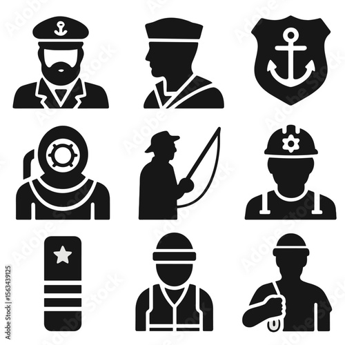 Maritime Professions Icons. Solid vector icons of maritime professions: ship captain icon, sailor profile, coast guard badge,