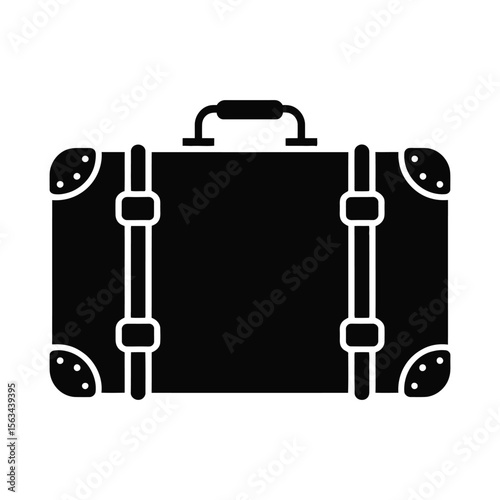 Vintage suitcase silhouette with straps and handle isolated on white background