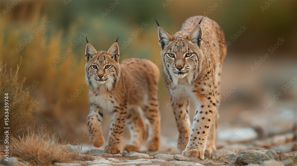 Fototapeta premium Iberian lynx, Lynx pardinus, mother with young kitten, wild cat endemic to Iberian Peninsula in southwestern Spain in Europe. Rare cat walks in the nature habitat. Lynx family, nine month old cub
