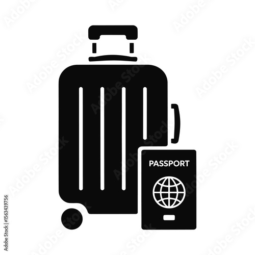 Black silhouette of a suitcase and passport for travel isolated on white background
