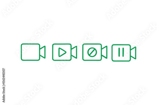 Four Green Outlined Video Camera Icons Displaying Record, Play, Stop, and Pause Functionalities, Representing Media Player Controls and Video Recording Options