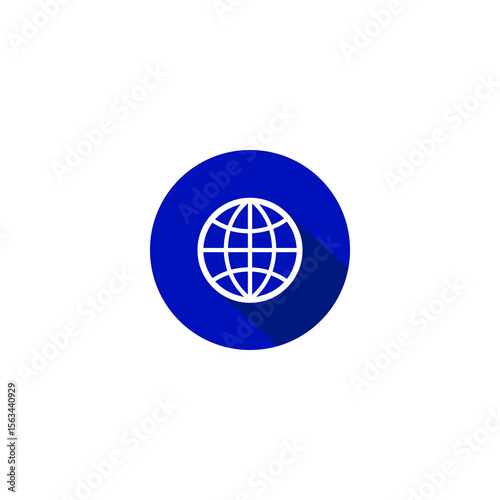 Simple Globe Icon within a Blue Circle with Long Shadow.