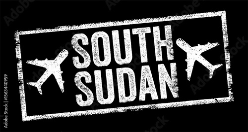 South Sudan a landlocked republic in NE Africa, in the Sahel region, text emblem stamp with airplane
