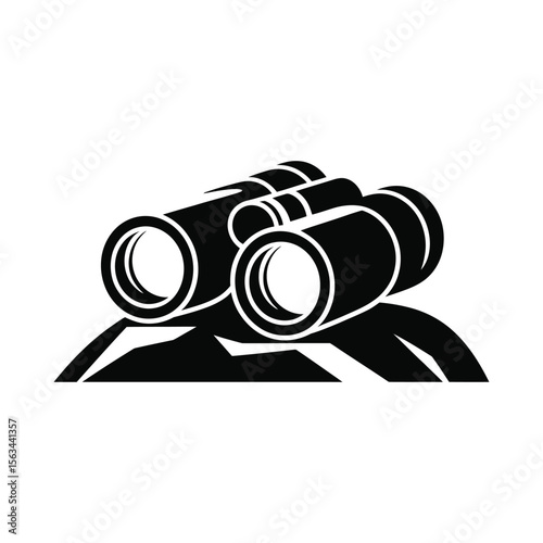 Black silhouette of binoculars on a mountain peak isolated on white background