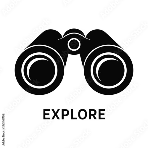 Black silhouette of binoculars with the word explore isolated on white background 